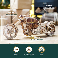 UGEARS Bike DIY Kit mechanism in motion shows the wooden motorcycle coming to life.