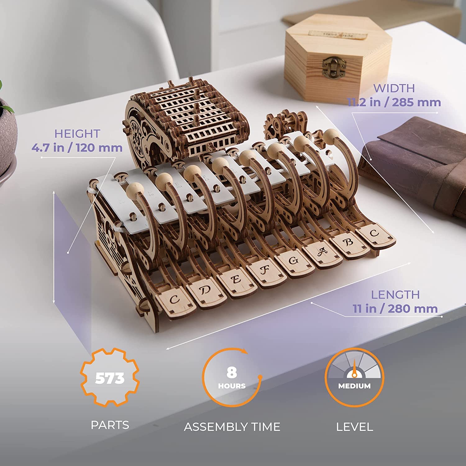 UGEARS Celesta keyboard with visible keys; playable melodies are possible
