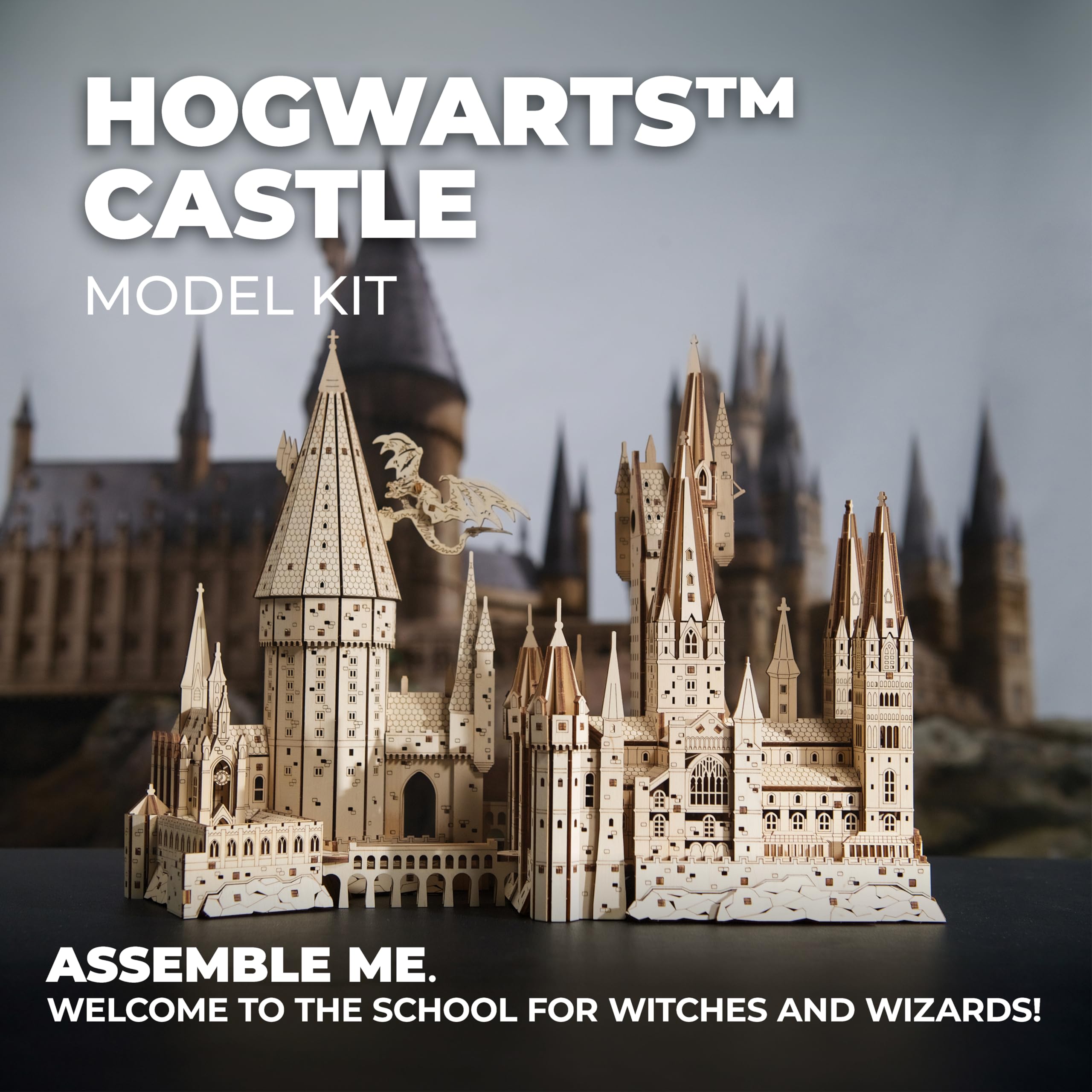 UGEARS Harry Potter Hogwarts Castle plywood engraving close-up, emphasizing durable, quality construction