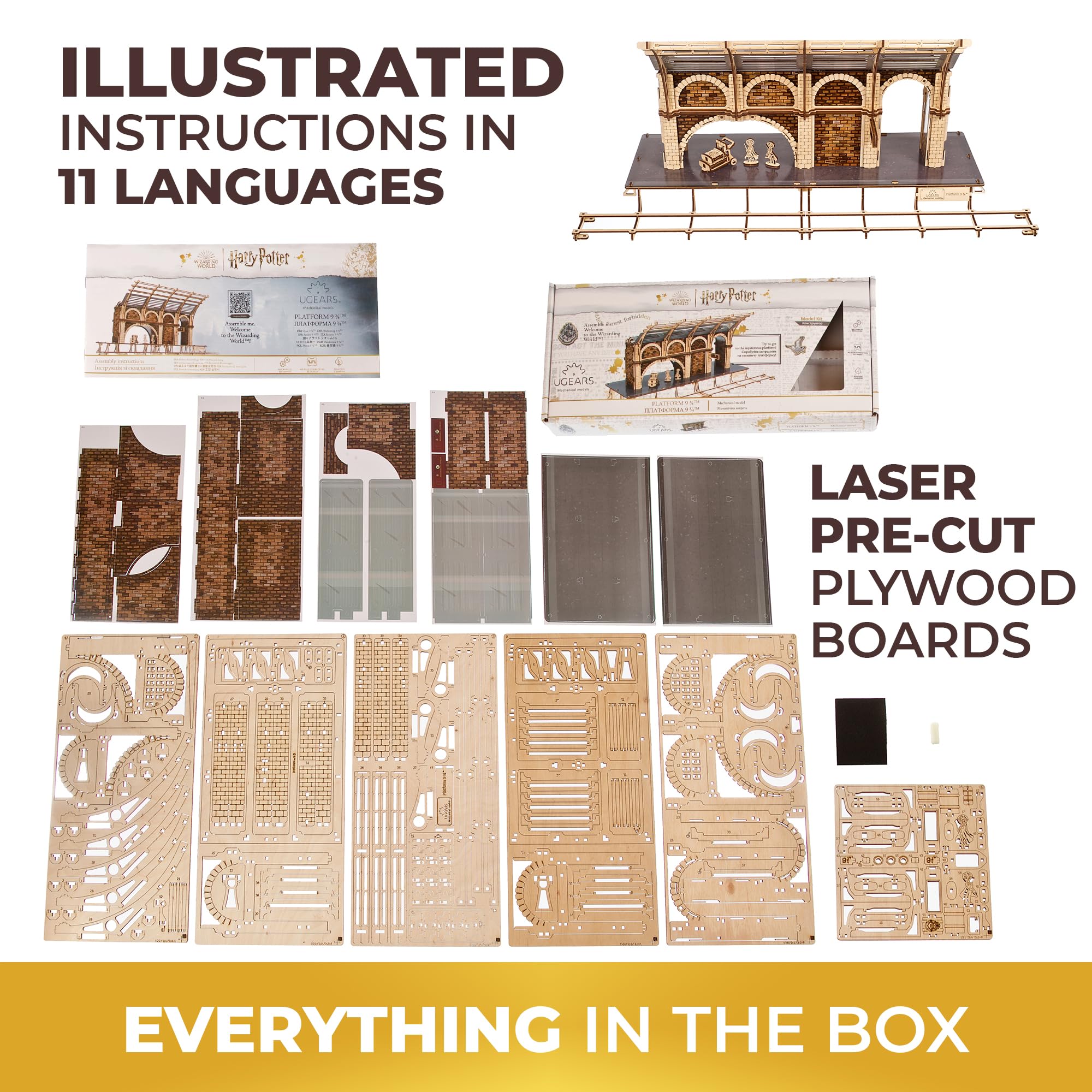 UGEARS Harry Potter model kit with multilingual instructions for builders