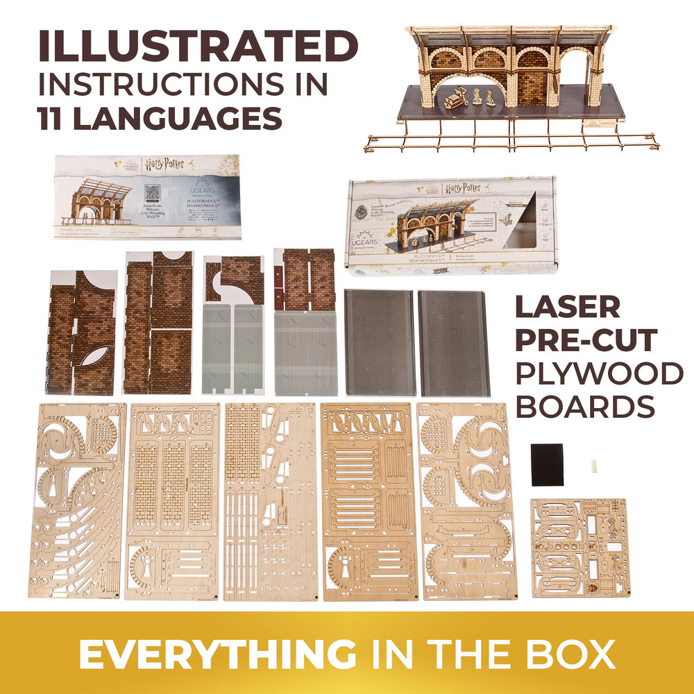UGEARS Harry Potter model kit with multilingual instructions for builders