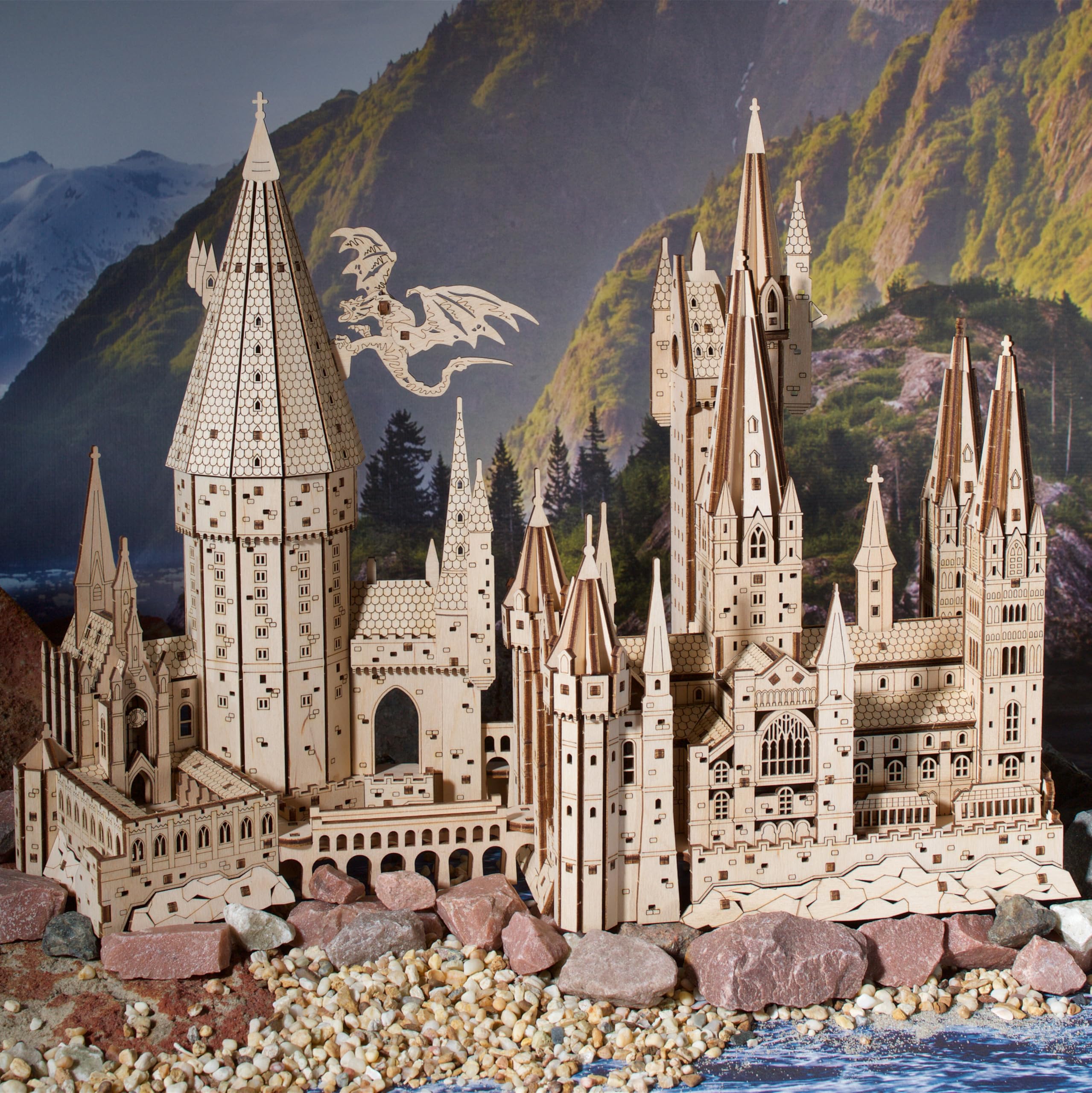 UGEARS Hogwarts Castle side detail, showcases authentic engravings for a premium display piece