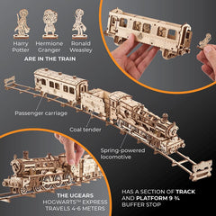 UGEARS Hogwarts Express passenger carriage with movable figures for interactive viewing