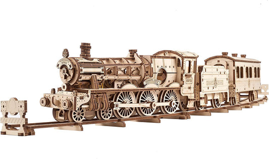 UGEARS Hogwarts Express train on wood for display and hands‑on building