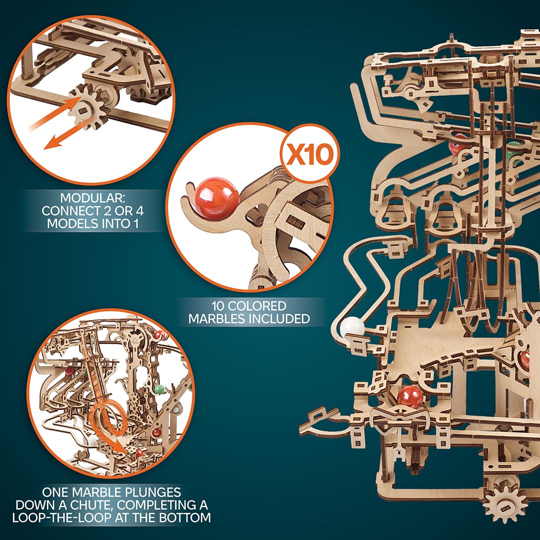 UGEARS Marble Run Chain Hoist glue-free assembly process demonstrated