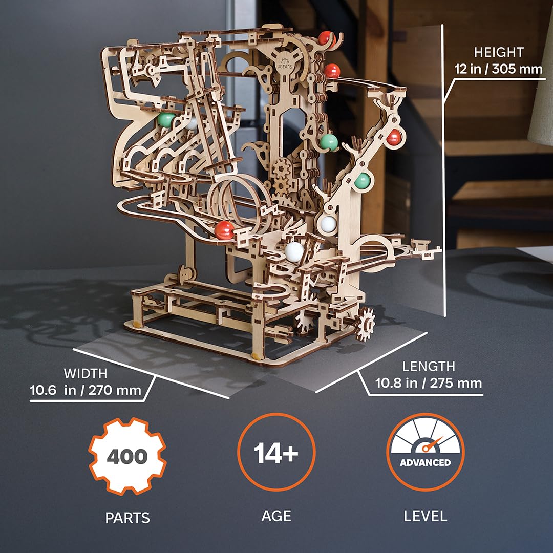 UGEARS Marble Run Chain Hoist marble track in motion during play
