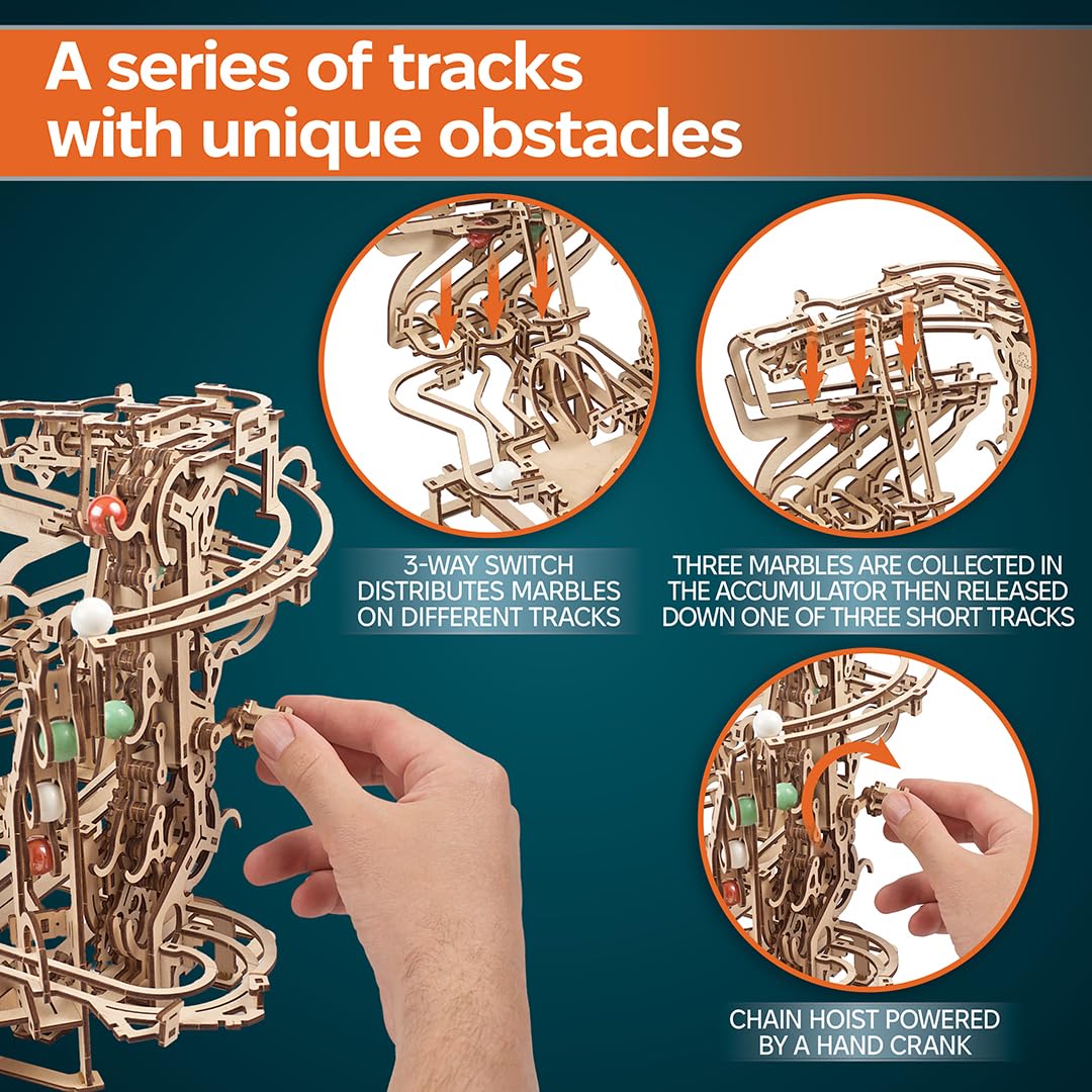UGEARS Marble Run Chain Hoist intricate mechanism on display