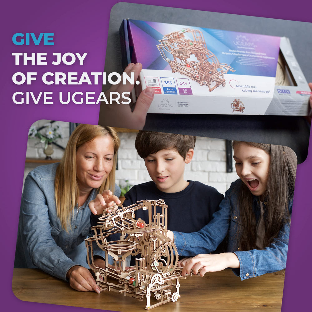 UGEARS Marble Run Stepped Hoist assembled model ready for display