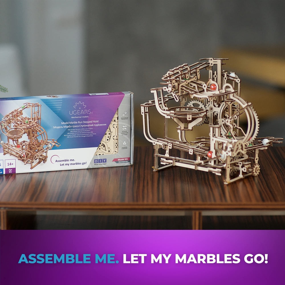 UGEARS Marble Run Stepped Hoist in action with marbles moving