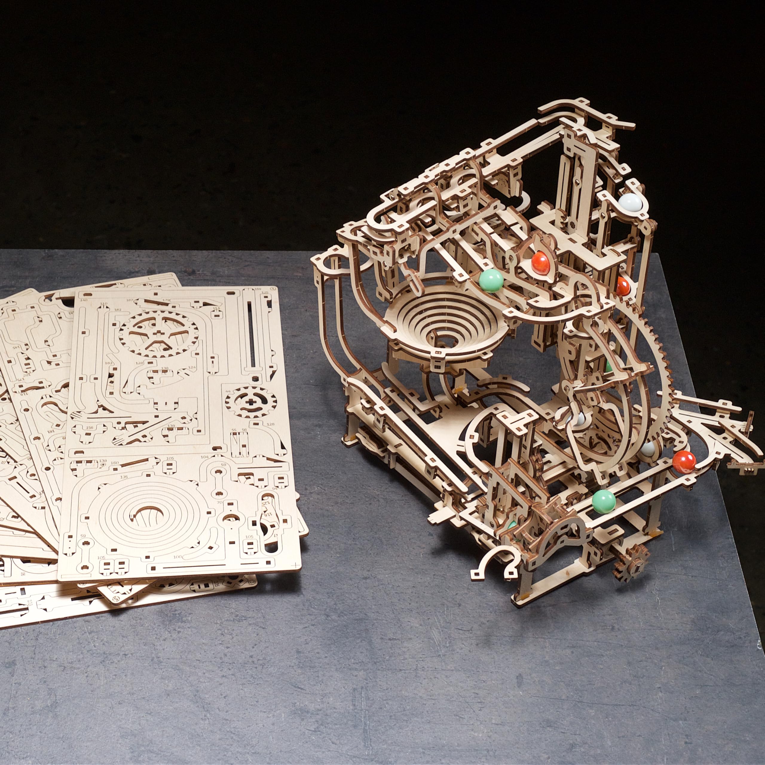 UGEARS Marble Run Stepped Hoist packaging and components organized