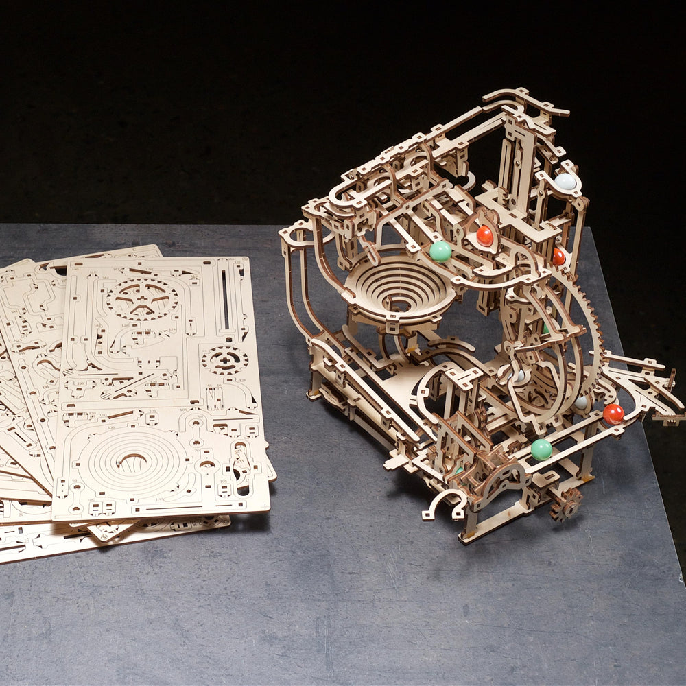 UGEARS Marble Run Stepped Hoist packaging and components organized