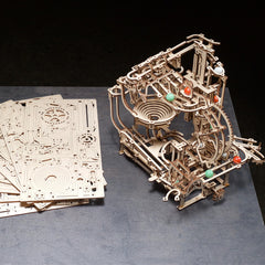 UGEARS Marble Run Stepped Hoist packaging and components organized