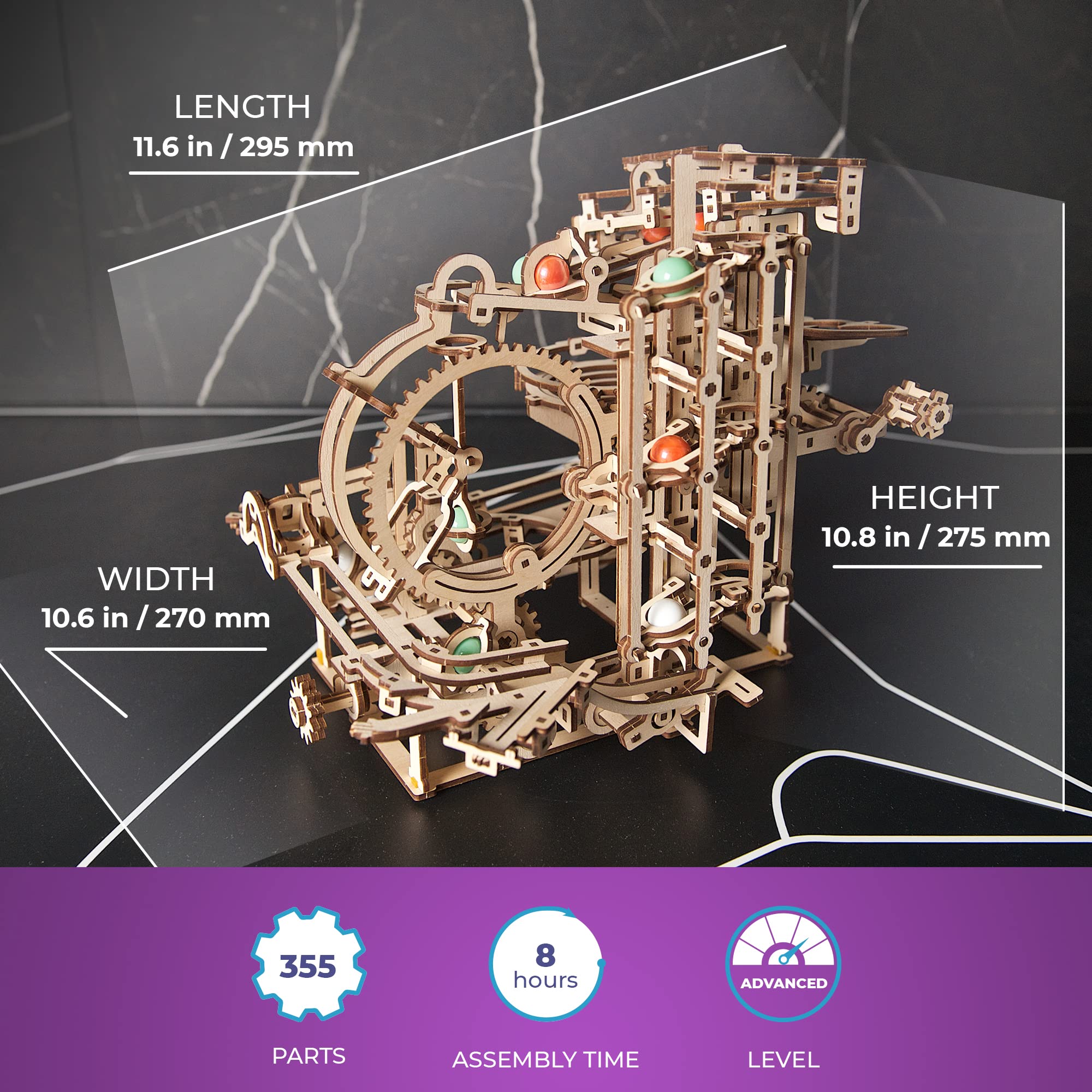 UGEARS Marble Run Stepped Hoist side view showing precise mechanics