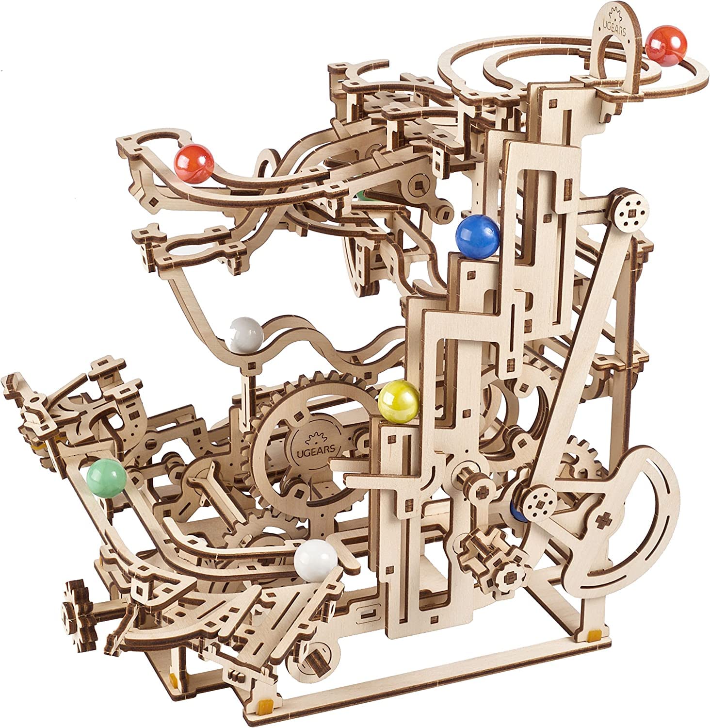 UGEARS Marble Run with tiered hoist demonstrates engaging mechanical play for adults.