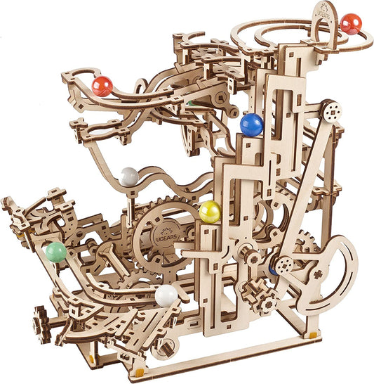 UGEARS Marble Run with tiered hoist demonstrates engaging mechanical play for adults.