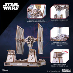 UGEARS TIE Fighter laser-cut plywood pieces highlight clean joints and durability.