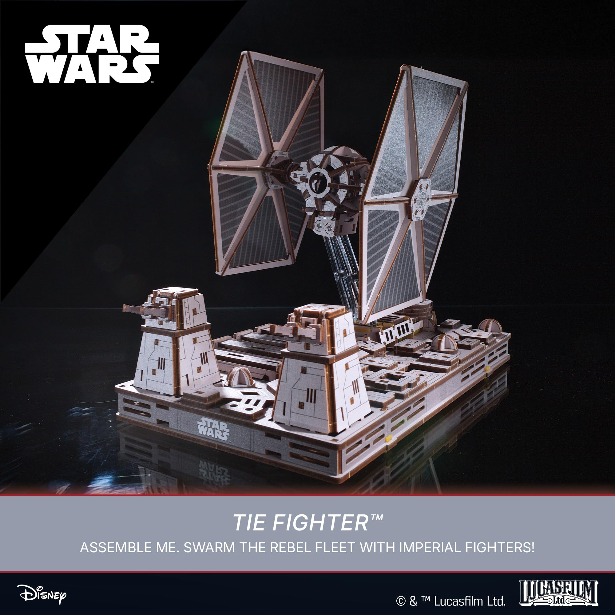 UGEARS TIE Fighter model on display enhances a Star Wars collection.