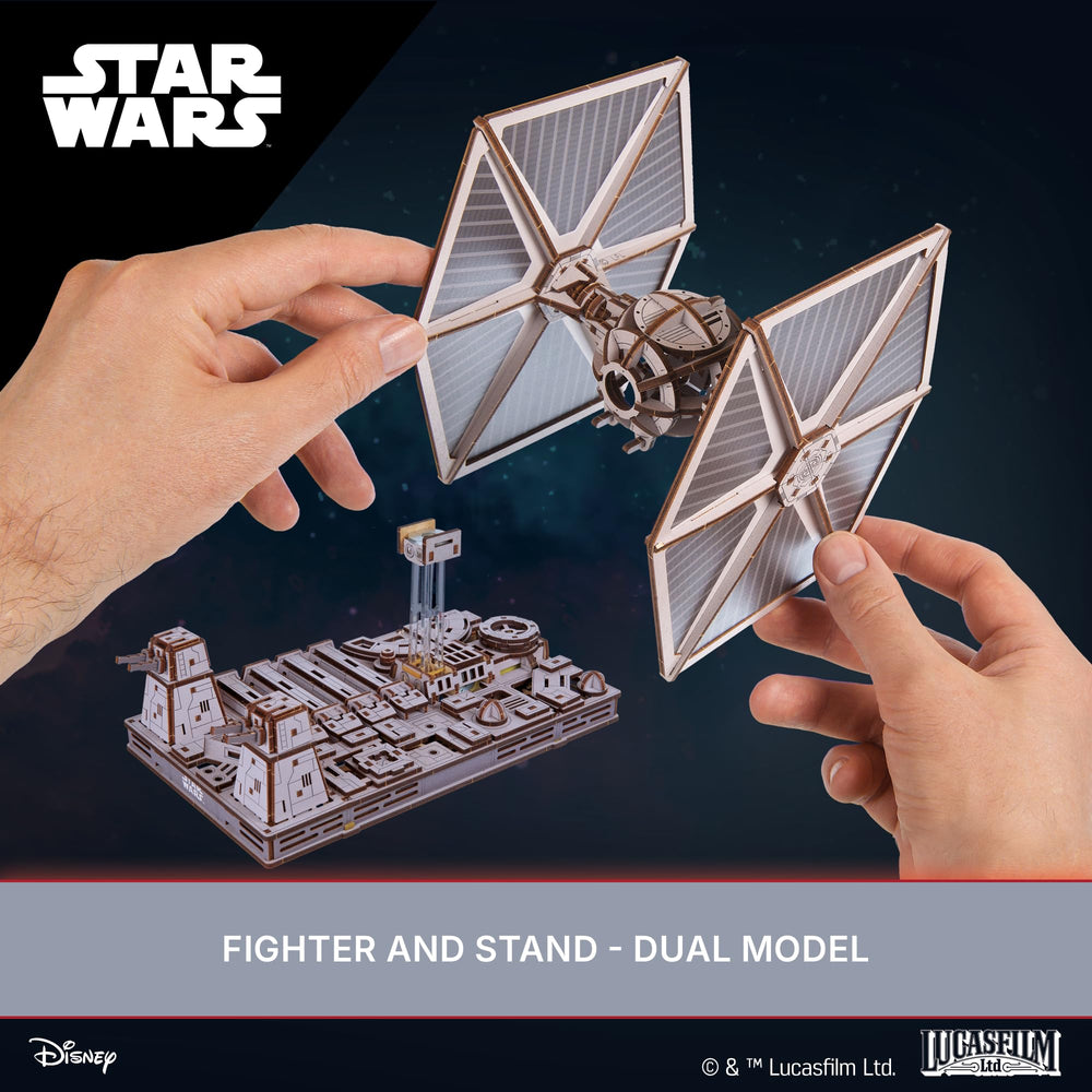 UGEARS TIE Fighter stand display showcases the wooden model’s elegant profile.