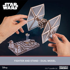 UGEARS TIE Fighter stand display showcases the wooden model’s elegant profile.