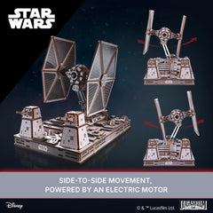 UGEARS TIE Fighter wood grain finish adds warmth to any shelf.
