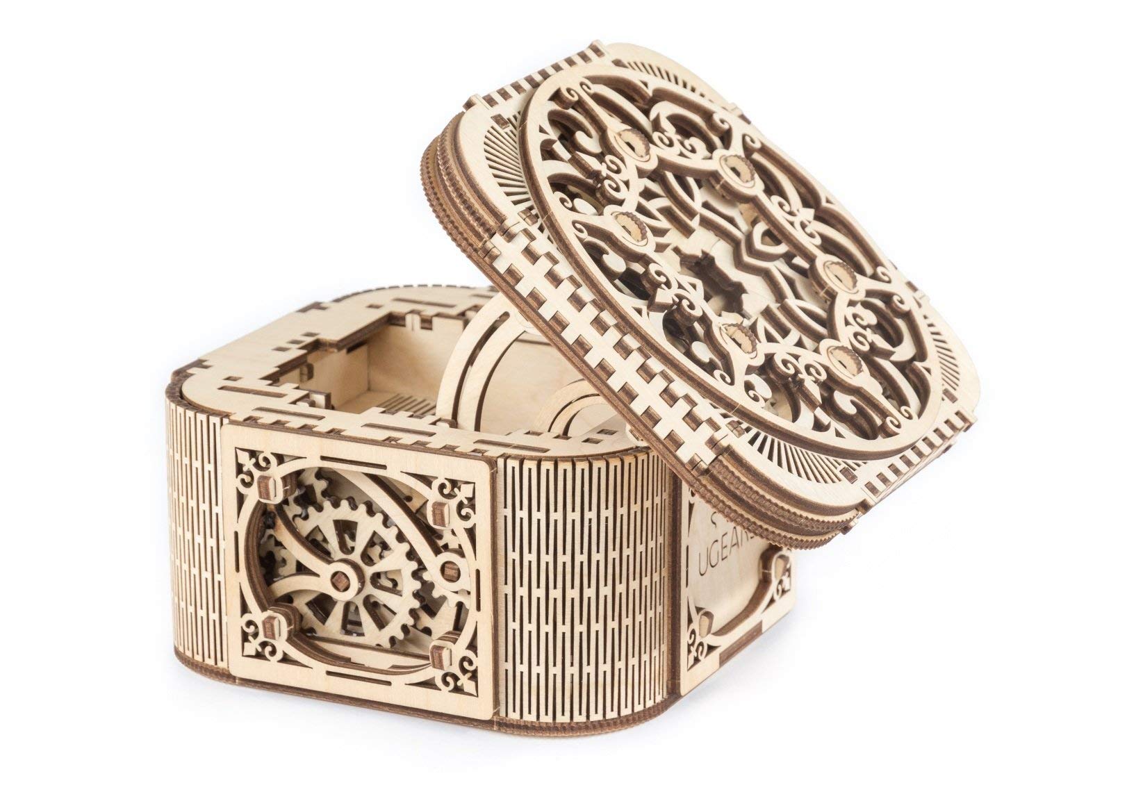 UGEARS Treasure Box hidden compartment revealed under the carved lid.