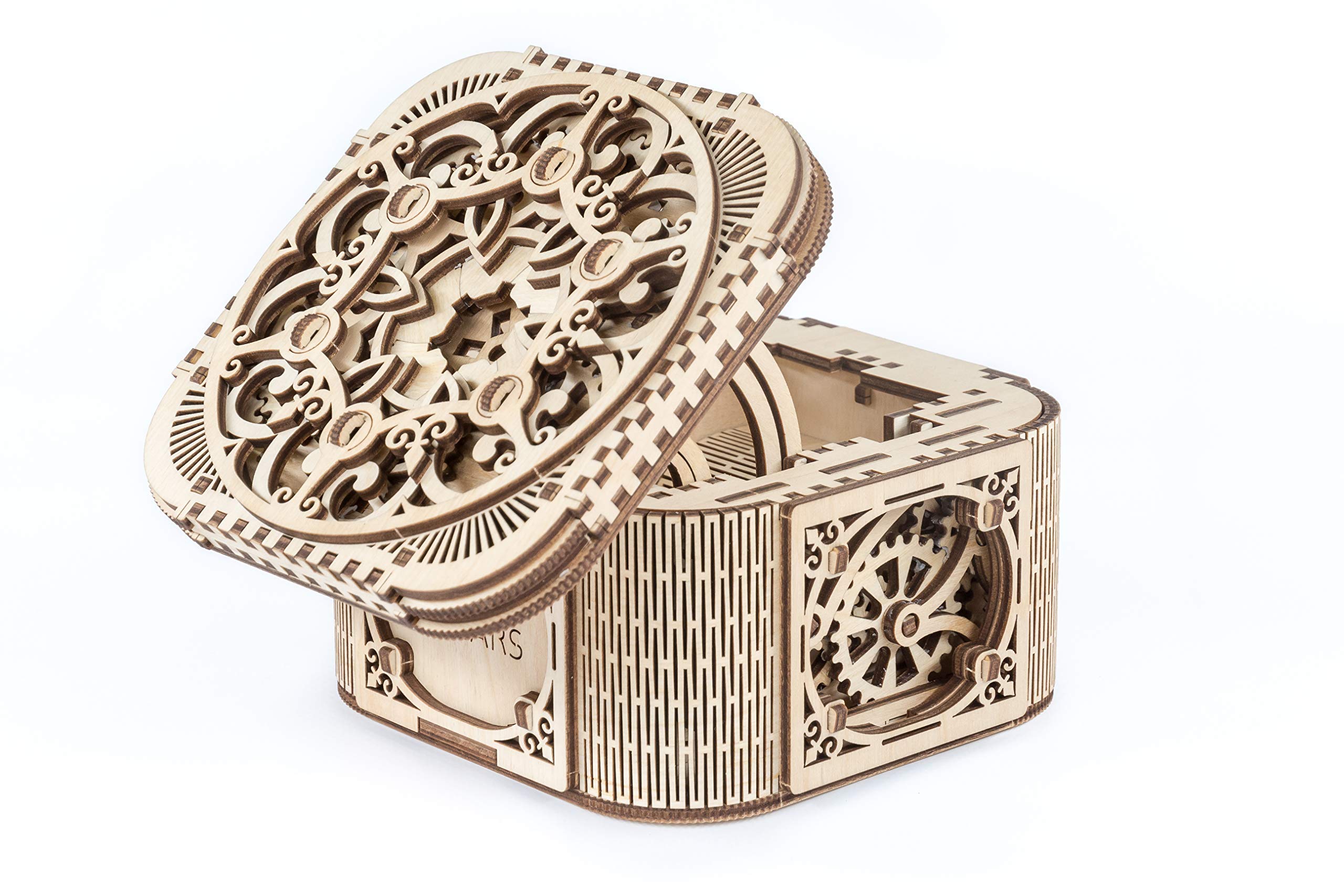 UGEARS Treasure Box secret key mechanism with precise lock sequence.