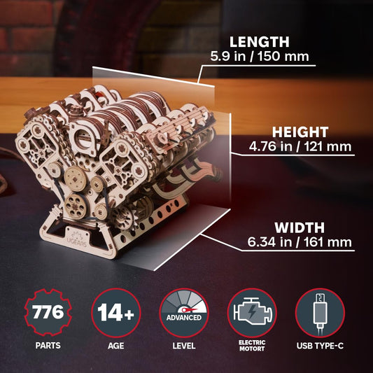 UGEARS V8 engine assembly demonstrates intricate mechanics without glue for learners.