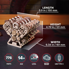 UGEARS V8 engine assembly demonstrates intricate mechanics without glue for learners.