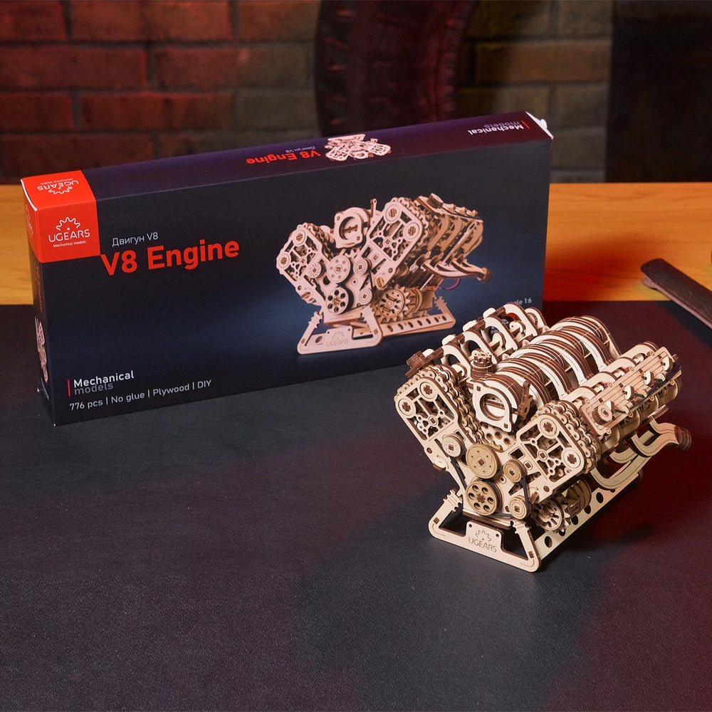 UGEARS V8 engine display-ready model enhances any workspace.