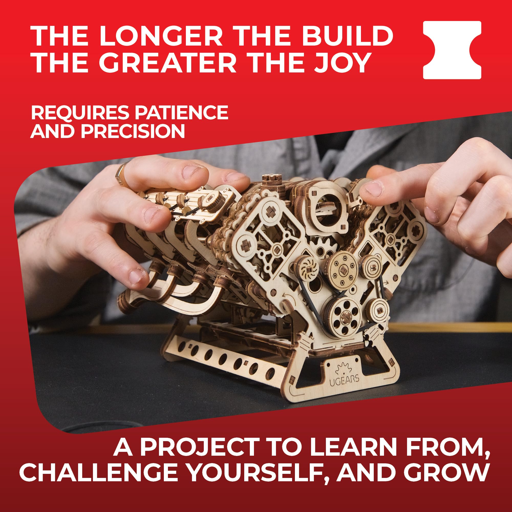 UGEARS V8 engine laser-cut wood delivers precise fit and durability.