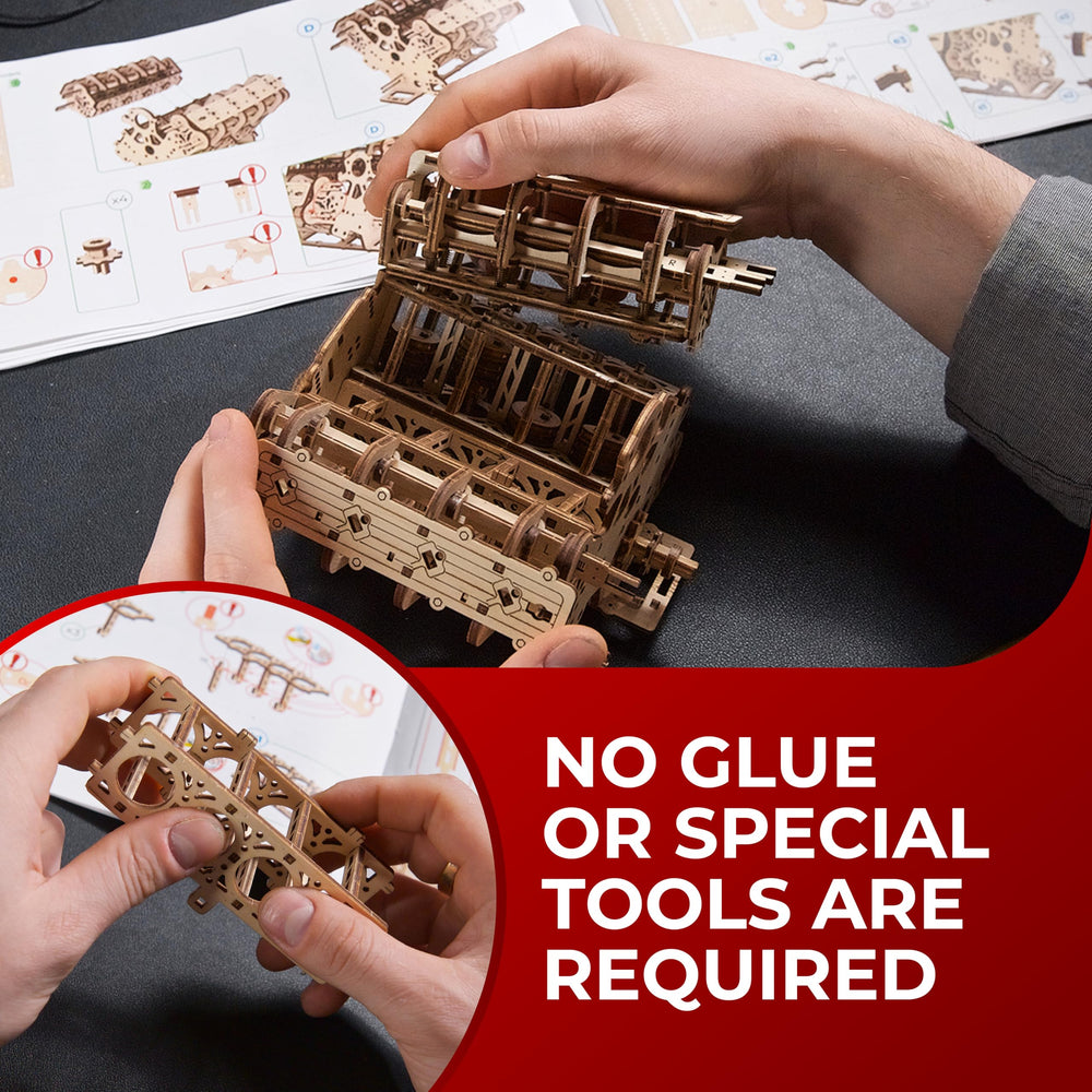 UGEARS V8 kit includes sandpaper and wax for smoother movement.