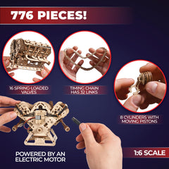 UGEARS V8 engine USB-powered motor enables smooth operation and demonstrations.