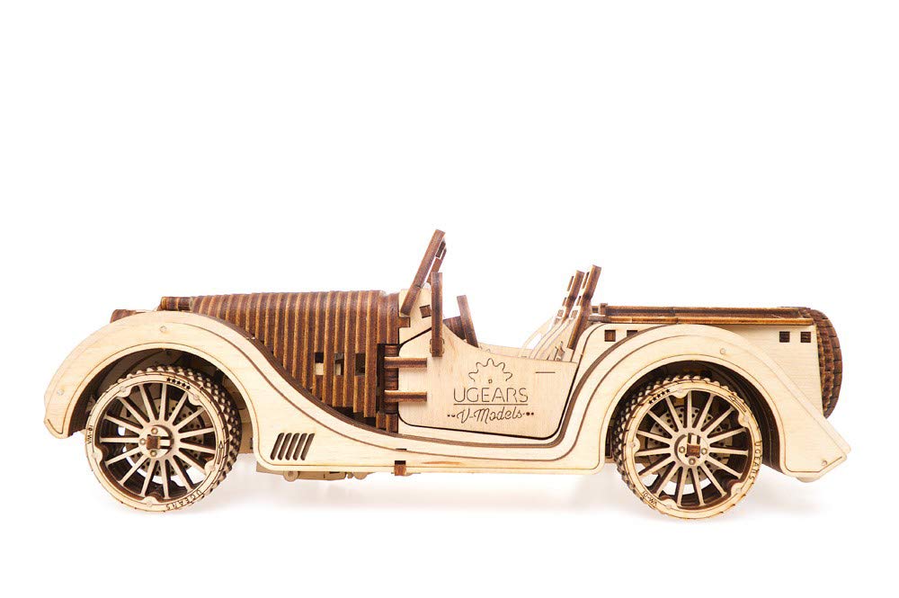 UGEARS VM-01 Roadster on-display option highlights a striking wooden model for shelves.