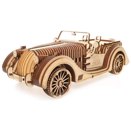 UGEARS VM-01 Roadster side view highlights a handcrafted wooden model ideal for hobbyists.
