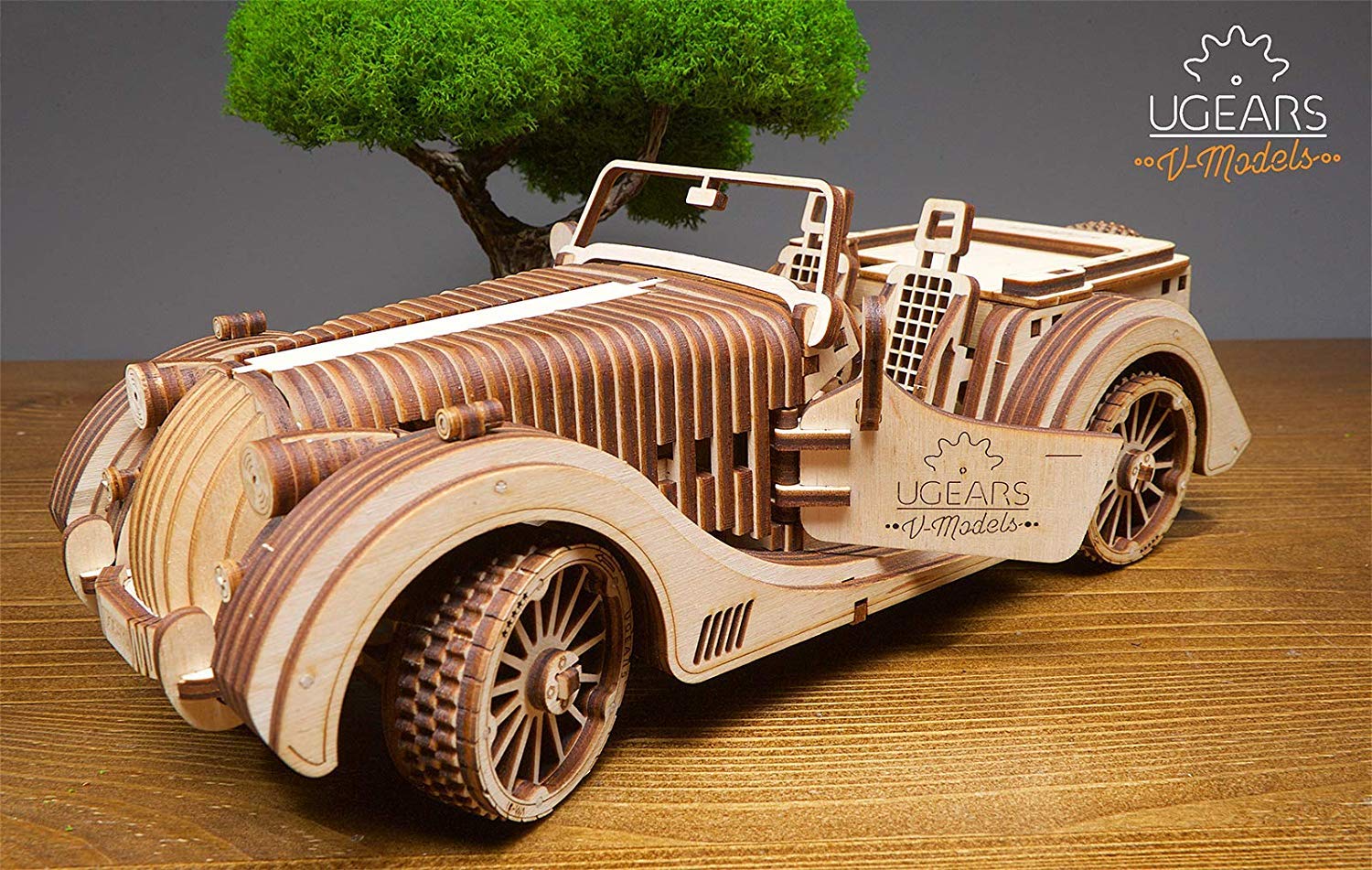 UGEARS VM-01 Roadster top view showcases the elegant wooden chassis for display enthusiasts.