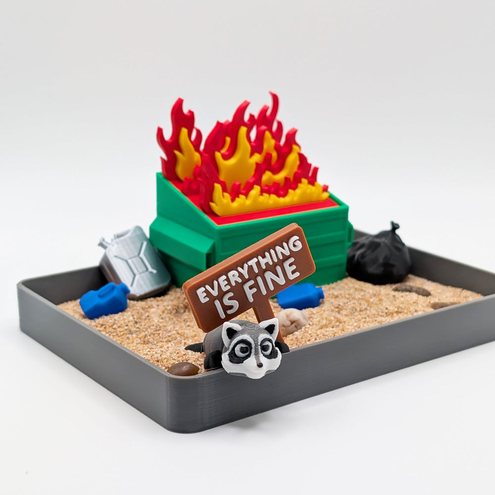 UglaForge Dumpster Fire Zen Garden setup highlights calming textures for mindful desk decor.
