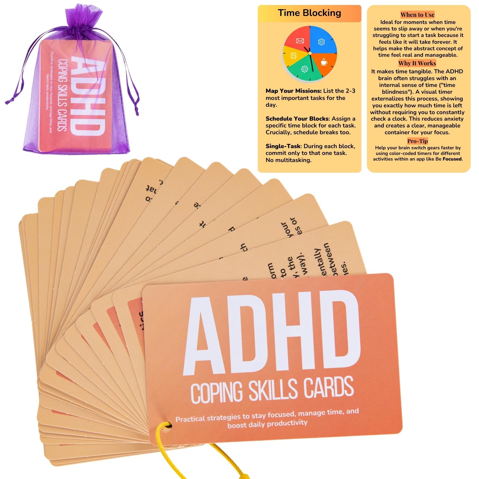 UHillMinerva ADHD cards front and back layout with actionable steps to reduce overwhelm.