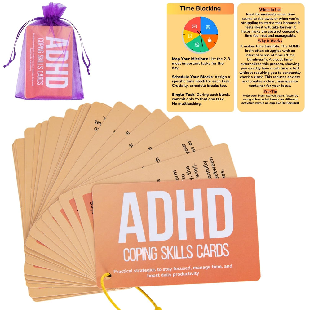 UHillMinerva ADHD cards front and back layout with actionable steps to reduce overwhelm.