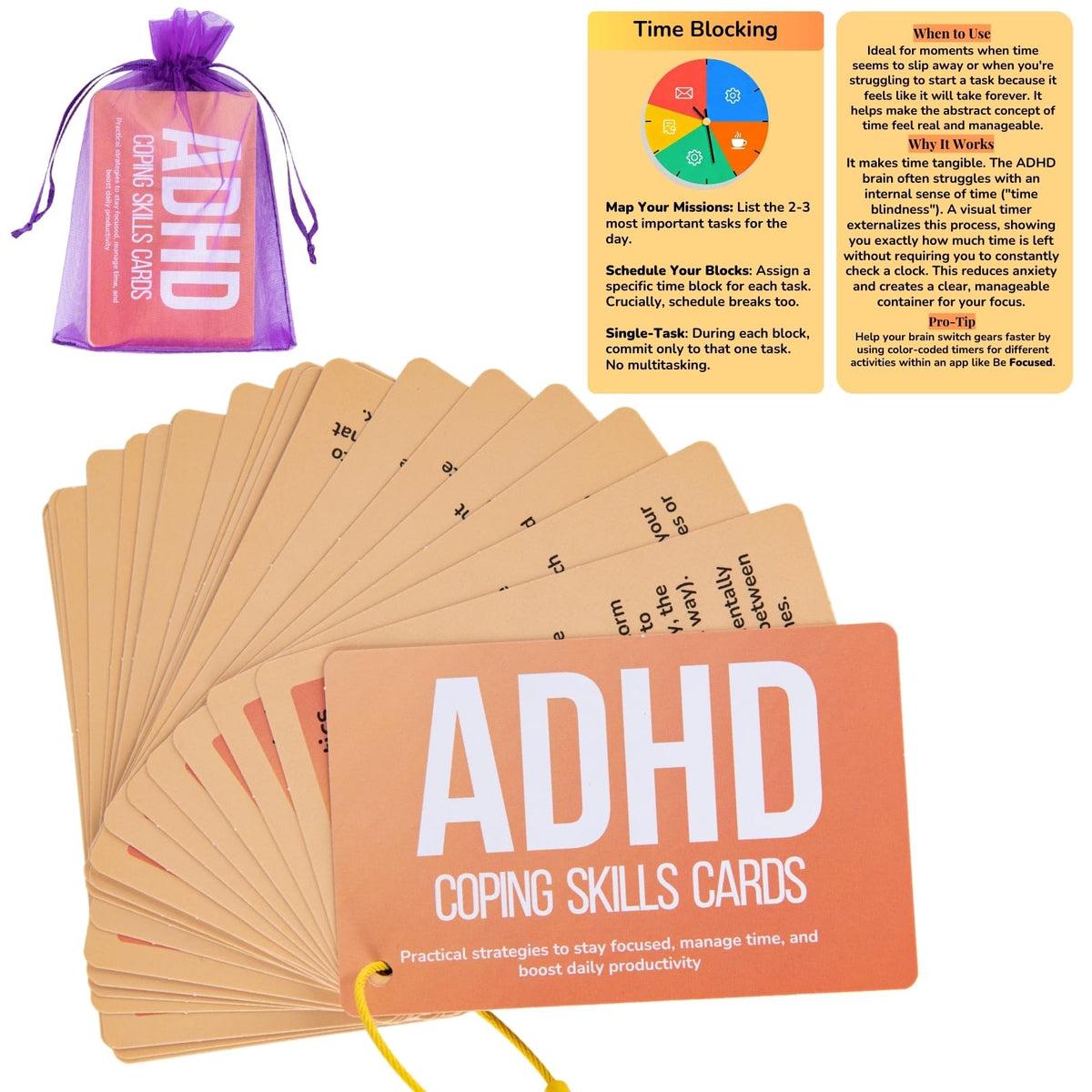 UHillMinerva ADHD cards front and back layout with actionable steps to reduce overwhelm.