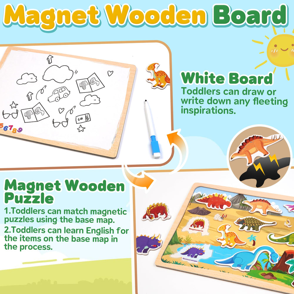 UIIOPJIOM magnetic wooden puzzle shows printed dinosaur names for quick recognition