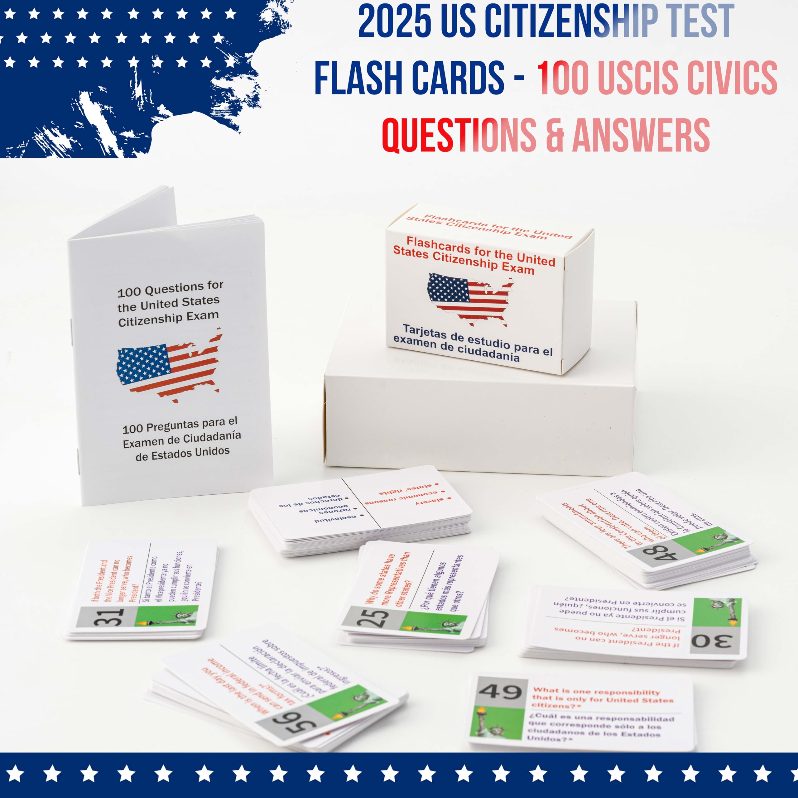 UIONML US Civic Test Flash Card 2026 bilingual spread supports English-Spanish practice