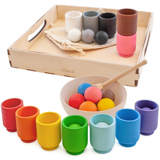 Ulanik 12 colored wooden balls in cups for color sorting and counting practice.
