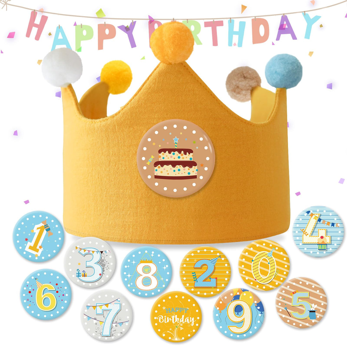 Ulibanner birthday crown ginger-yellow worn by a child for a festive photoshoot