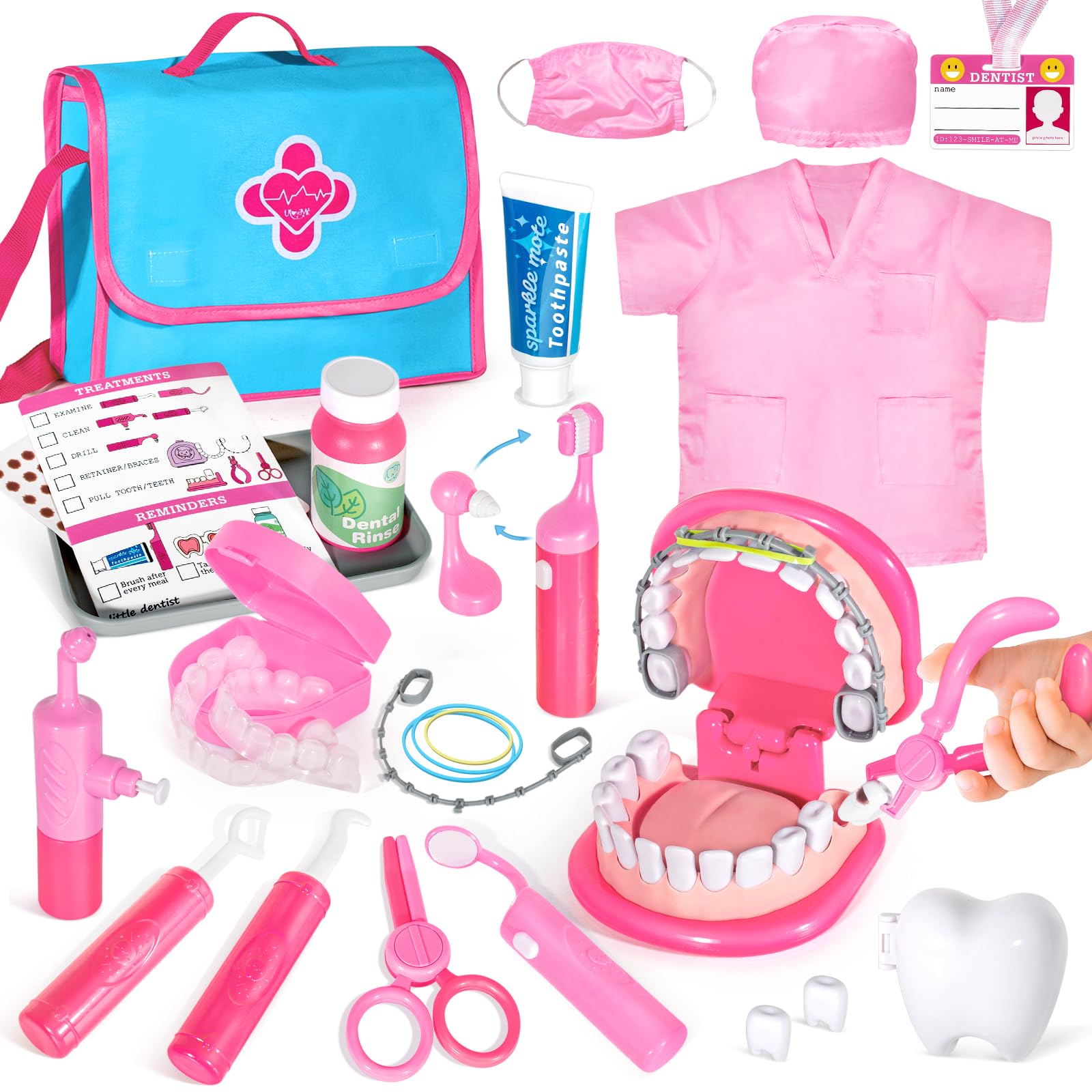 ULOVEME Pink Doctor Kit with teeth model for educational pretend play about dental health