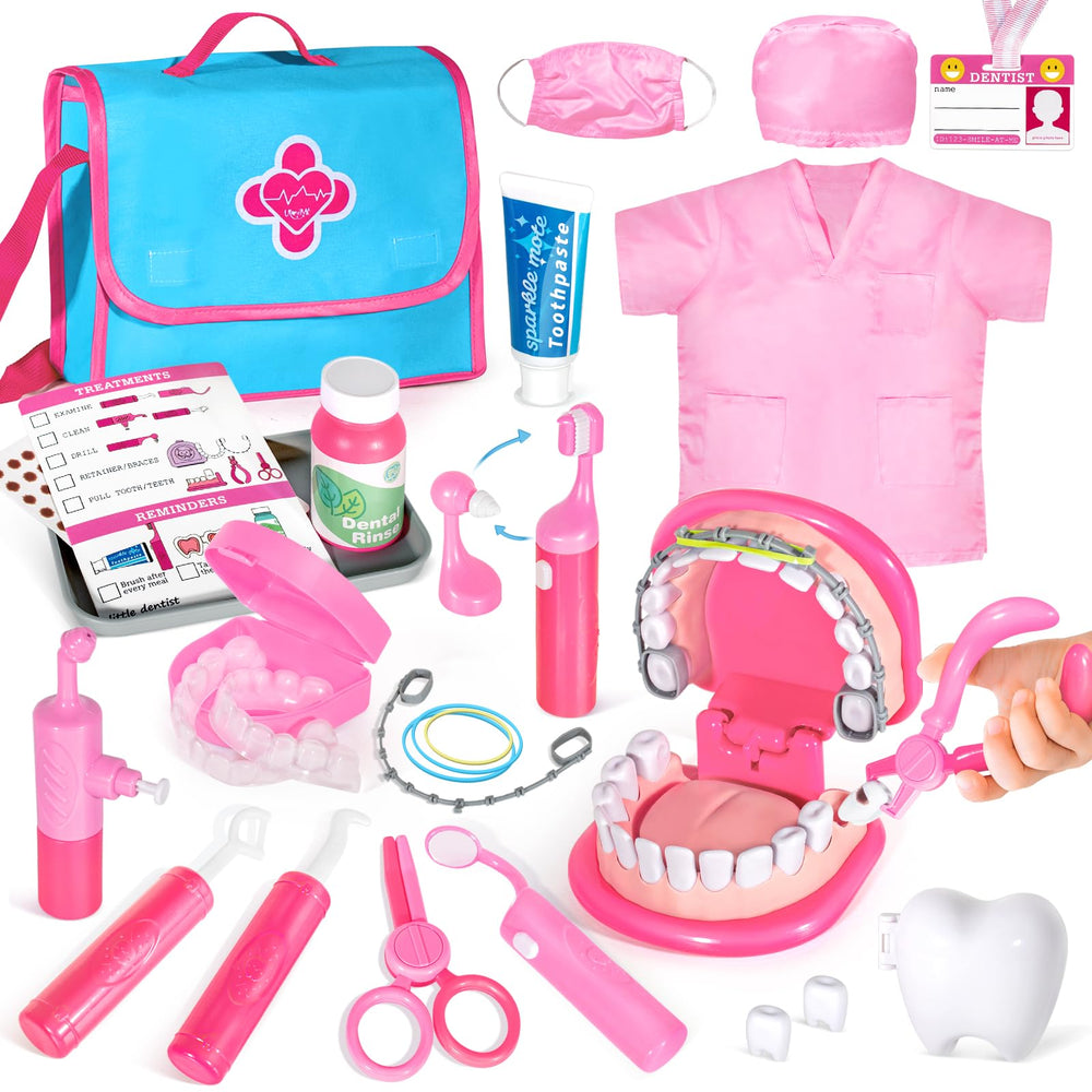 ULOVEME Pink Doctor Kit with teeth model for educational pretend play about dental health