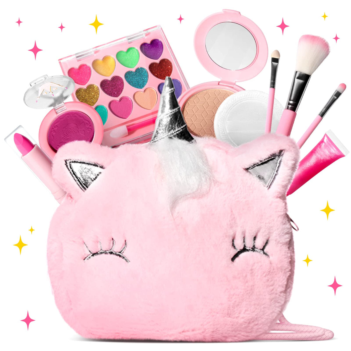 ULOVEME pink unicorn purse with kid-friendly makeup kit for pretend play