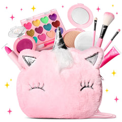 ULOVEME pink unicorn purse with kid-friendly makeup kit for pretend play