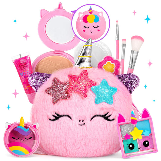 ULOVEME unicorn makeup kit packaging shows kid friendly, washable design for easy cleanup