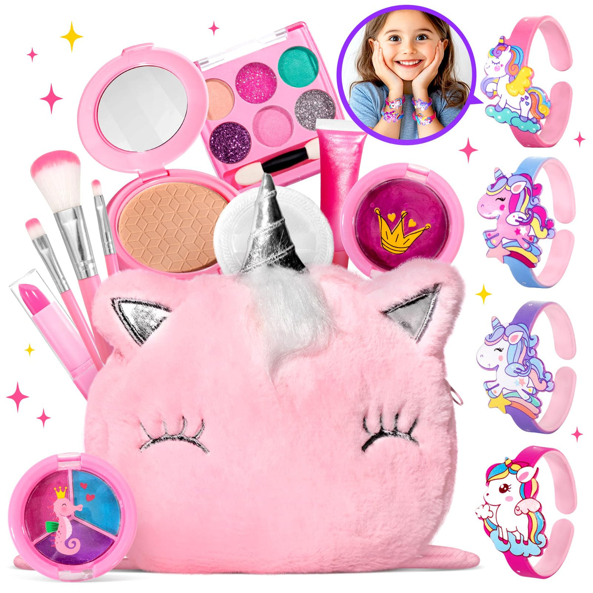 ULOVEME unicorn kids makeup kit pink for imaginative play with washable colors.