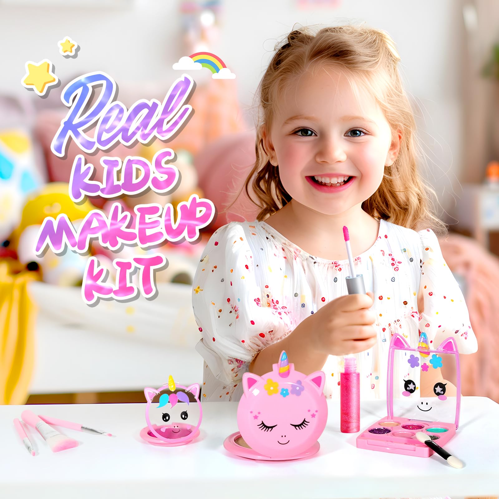 ULOVEME unicorn makeup colors palette with kid-friendly, washable hues.